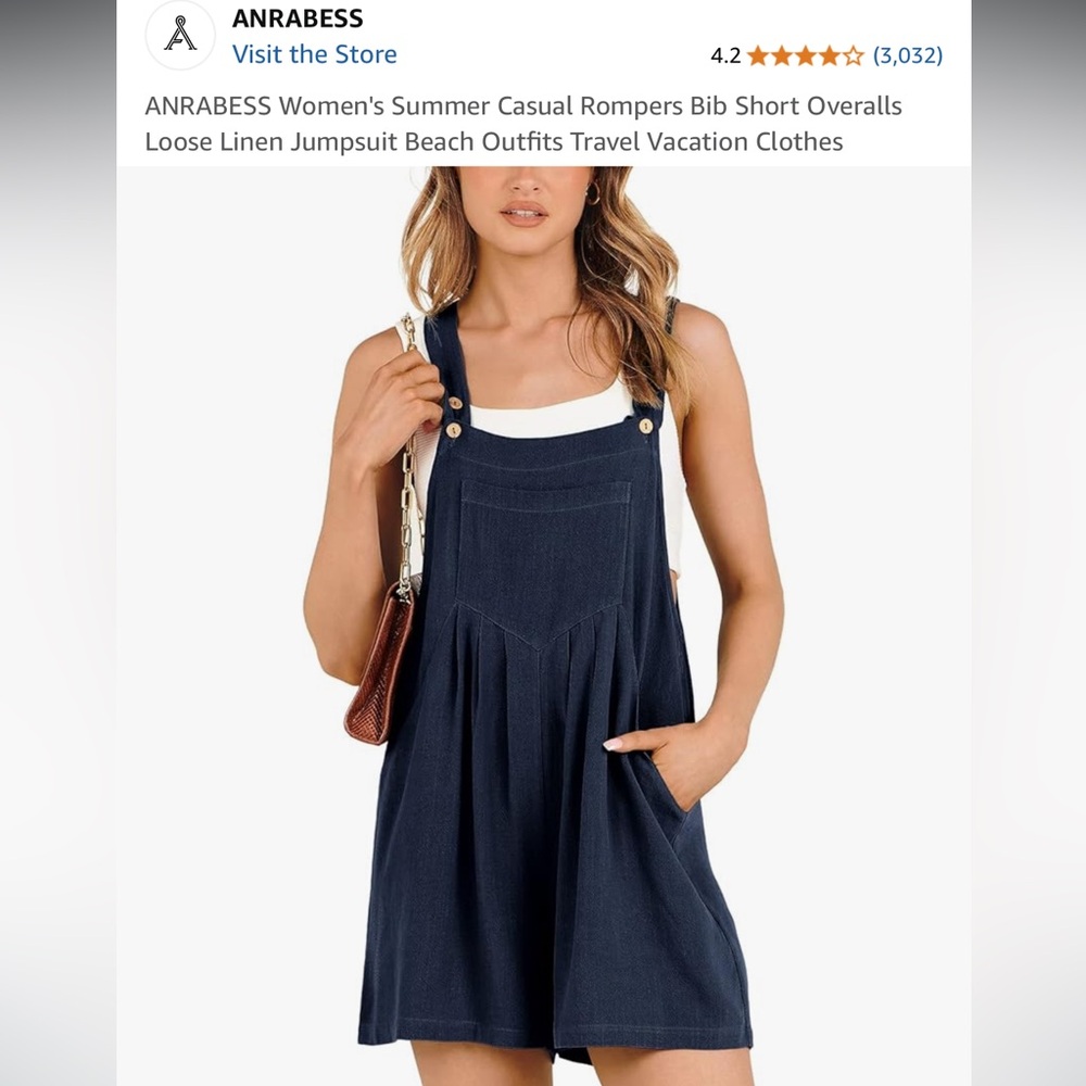 ANRABESS Navy Linen Blend Short Overalls Romper